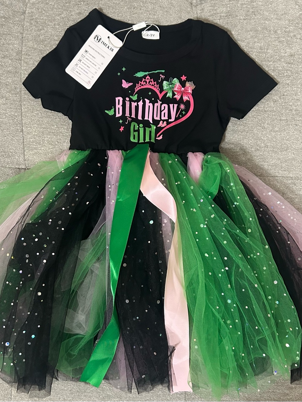 Birthday Girl Tulle Dress - Black, Green & Pink